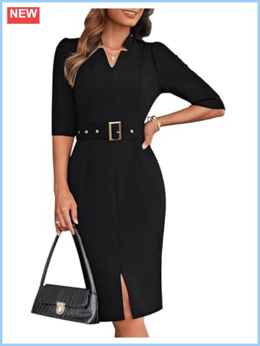 Women's Work Dress 3/4 Sleeve V Neck Bodycon Midi Dress with Belt